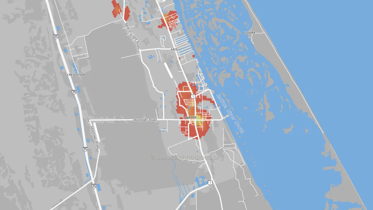 Walk Grade map of 32759, FL, walkable areas in green and car-dependent areas in red