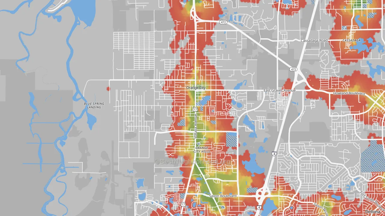 Walk Grade map of 32763, FL, walkable areas in green and car-dependent areas in red