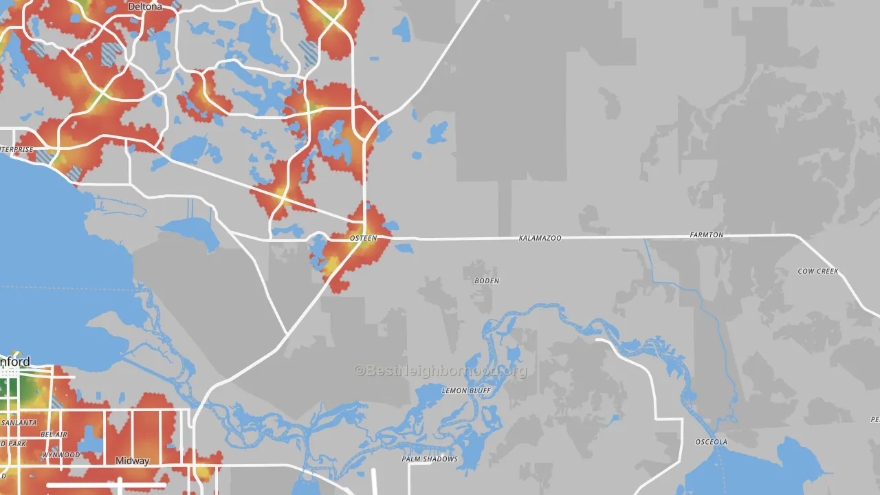 Walk Grade map of 32764, FL, walkable areas in green and car-dependent areas in red