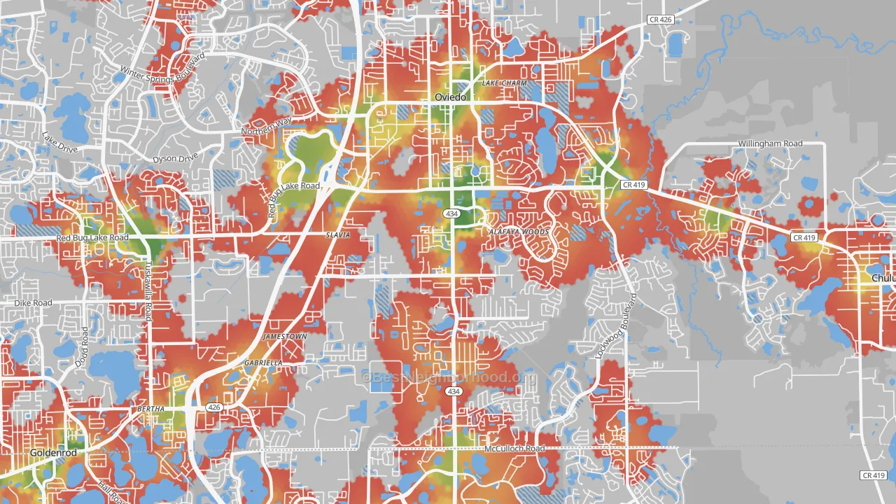 Walk Grade map of 32765, FL, walkable areas in green and car-dependent areas in red