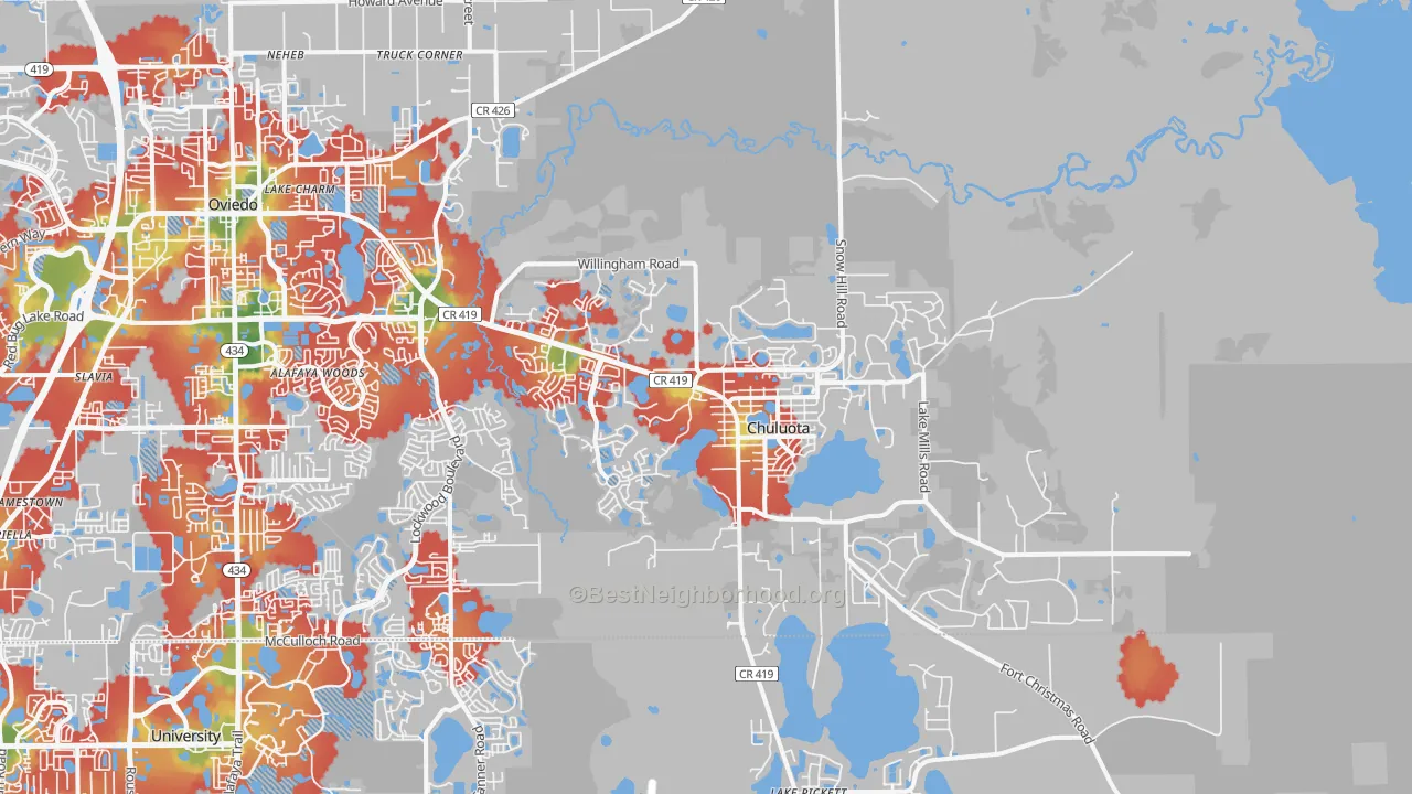Walk Grade map of 32766, FL, walkable areas in green and car-dependent areas in red