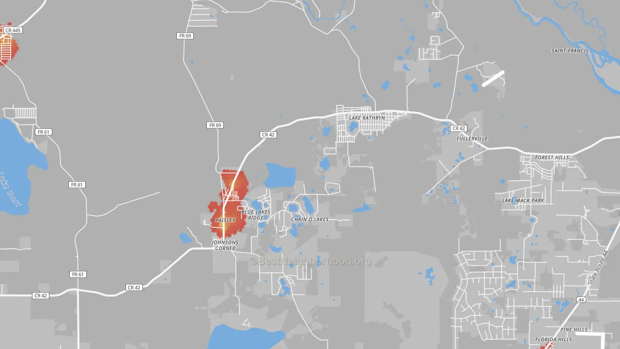 Walk Grade map of 32767, FL, walkable areas in green and car-dependent areas in red