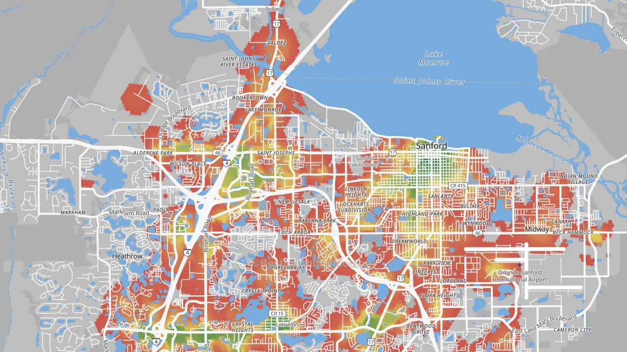 Walk Grade map of 32771, FL, walkable areas in green and car-dependent areas in red