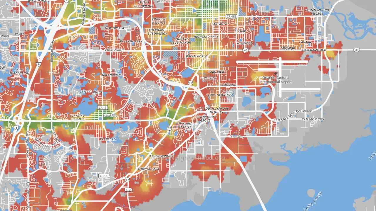 Walk Grade map of 32773, FL, walkable areas in green and car-dependent areas in red