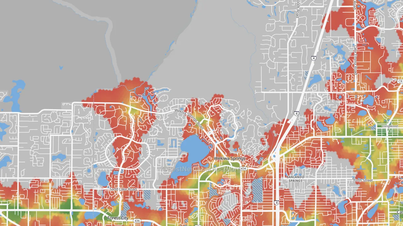 Walk Grade map of 32779, FL, walkable areas in green and car-dependent areas in red