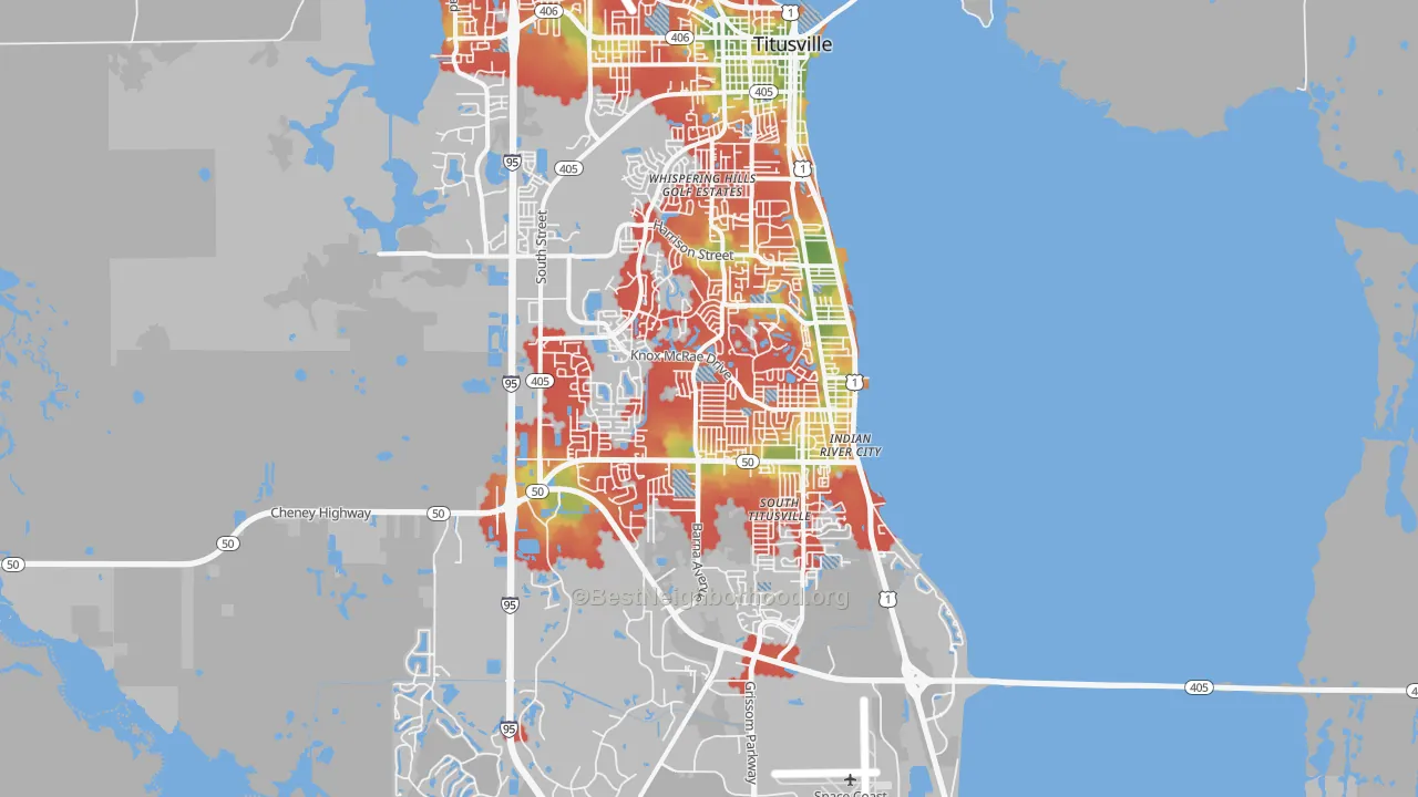 Walk Grade map of 32780, FL, walkable areas in green and car-dependent areas in red