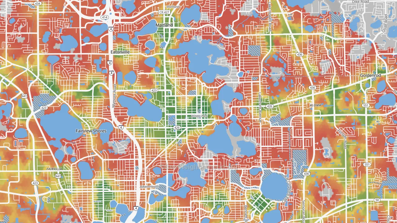Walk Grade map of 32789, FL, walkable areas in green and car-dependent areas in red