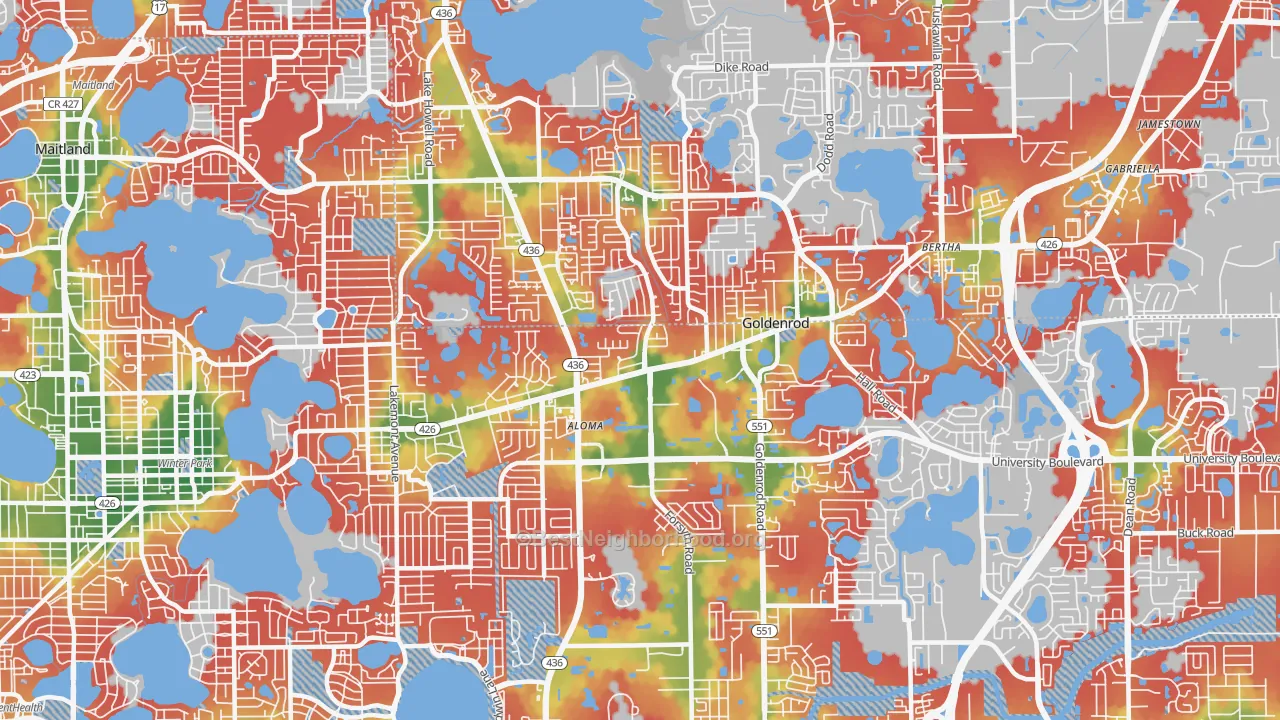 Walk Grade map of 32792, FL, walkable areas in green and car-dependent areas in red