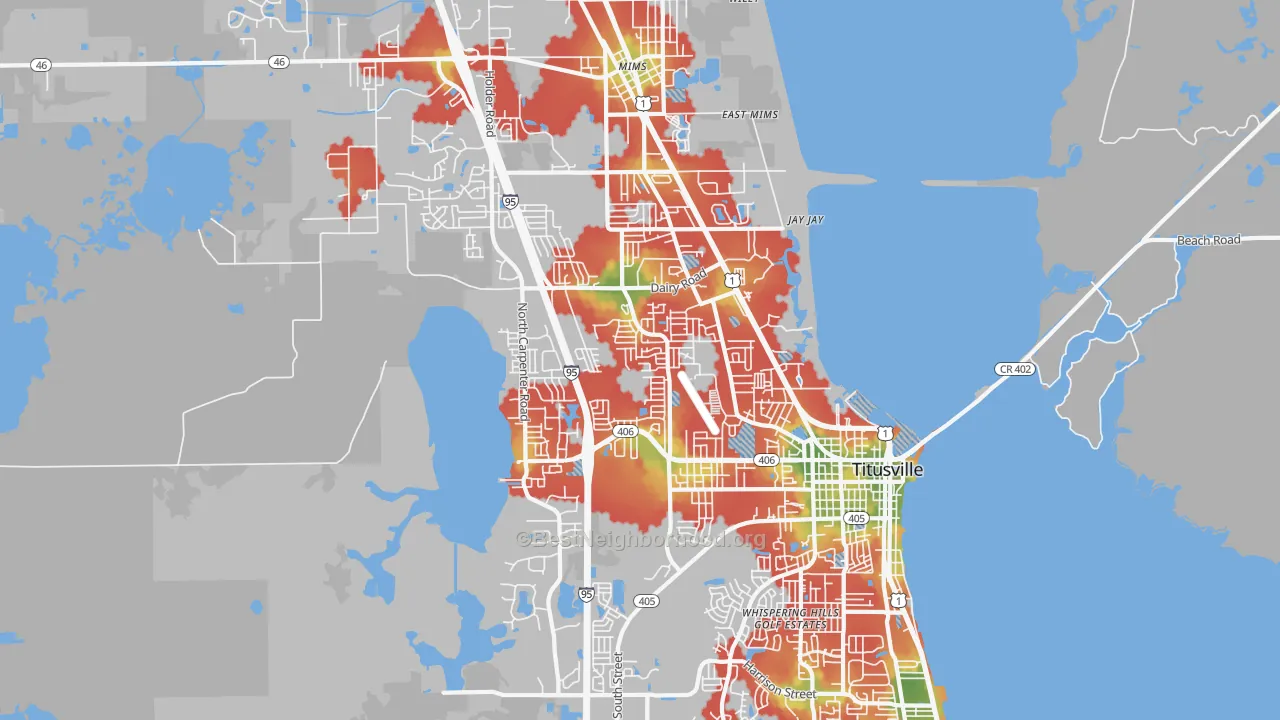 Walk Grade map of 32796, FL, walkable areas in green and car-dependent areas in red