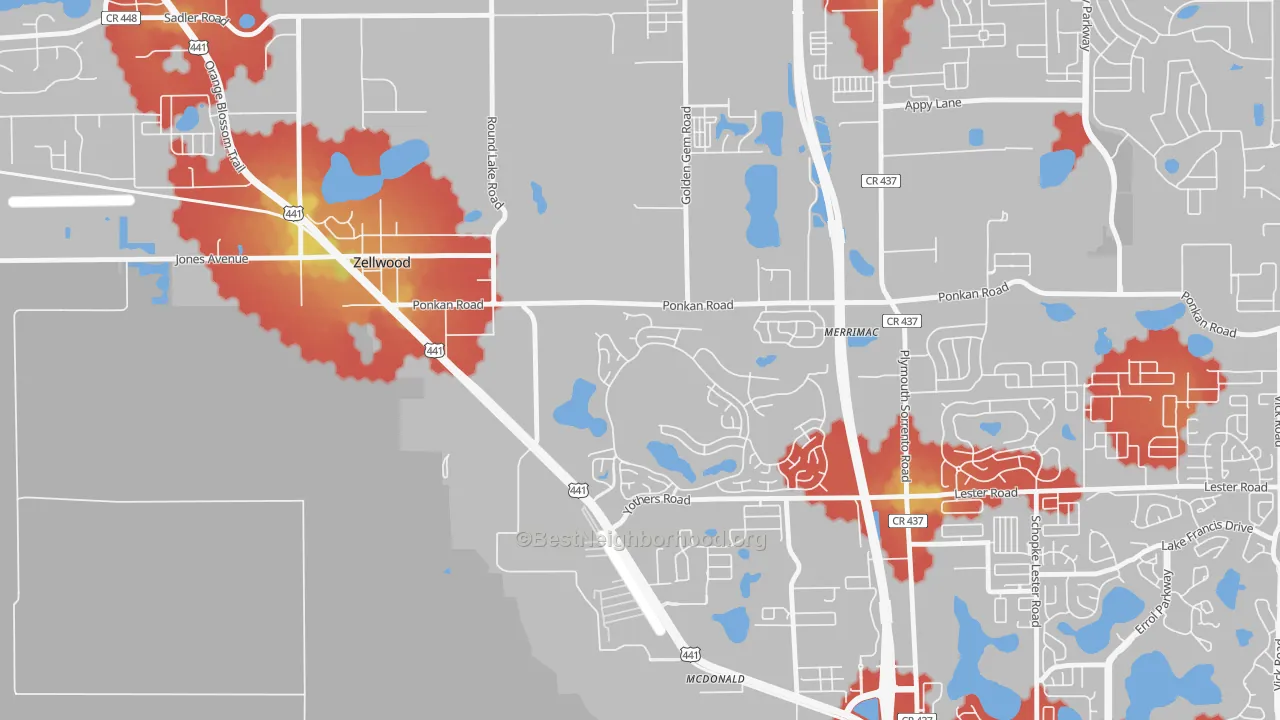 Walk Grade map of 32798, FL, walkable areas in green and car-dependent areas in red