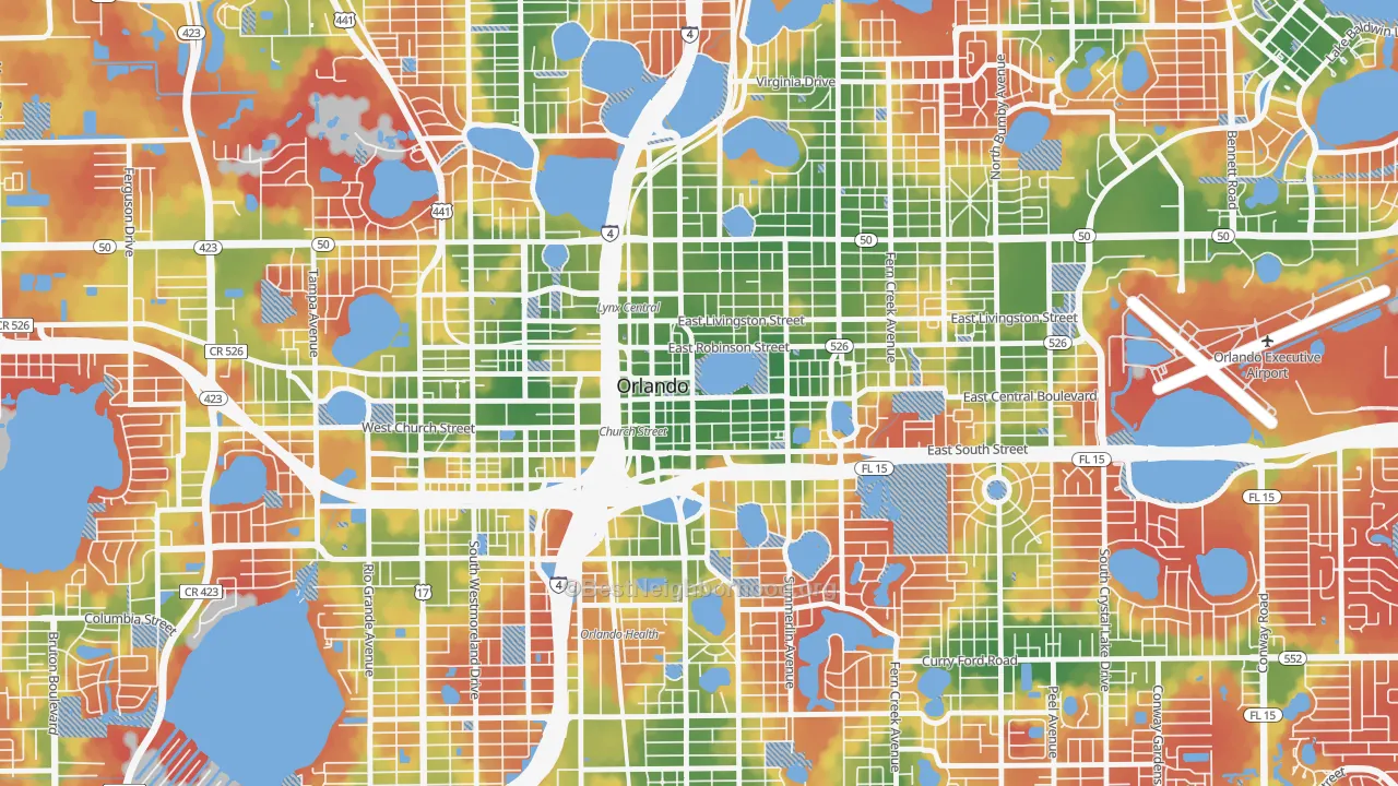 Walk Grade map of 32801, FL, walkable areas in green and car-dependent areas in red