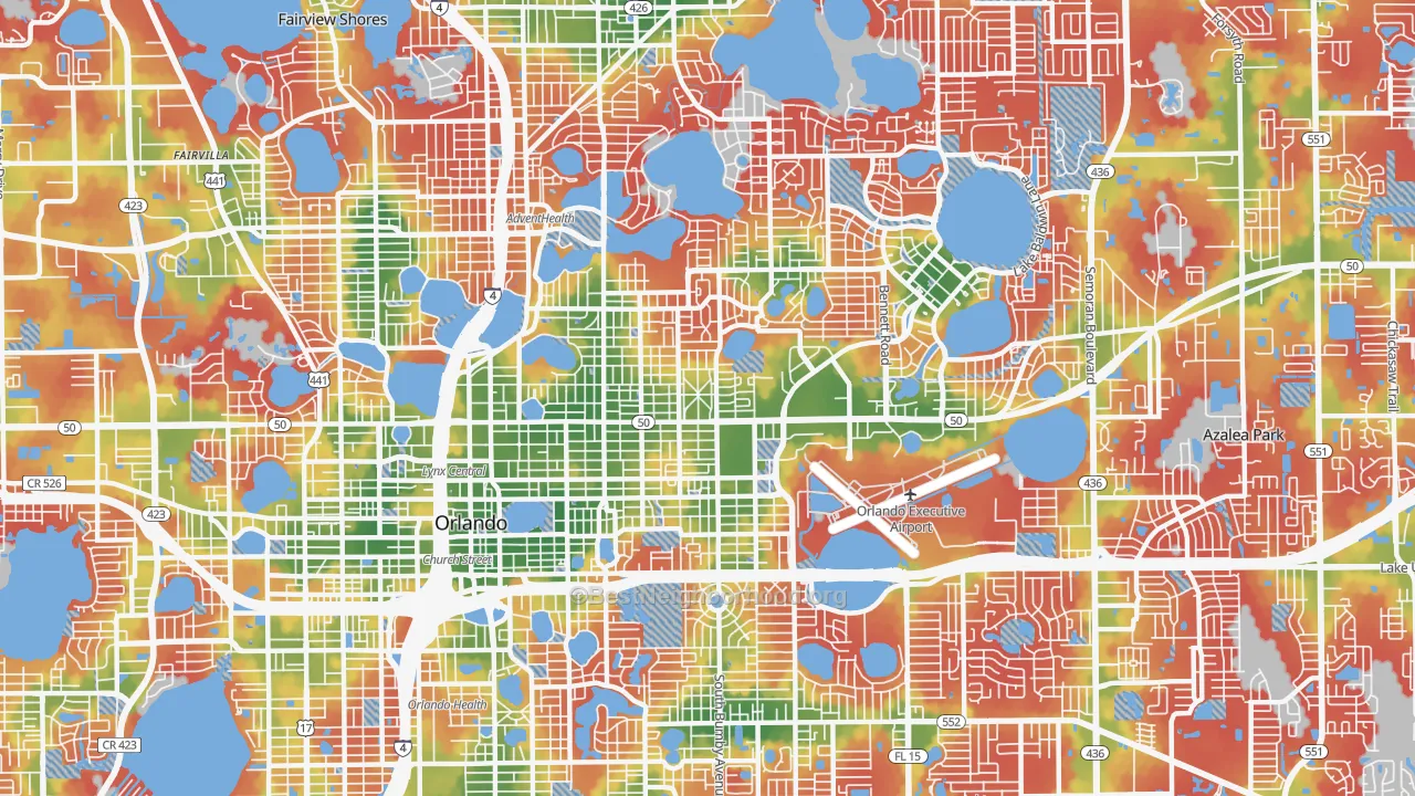 Walk Grade map of 32803, FL, walkable areas in green and car-dependent areas in red