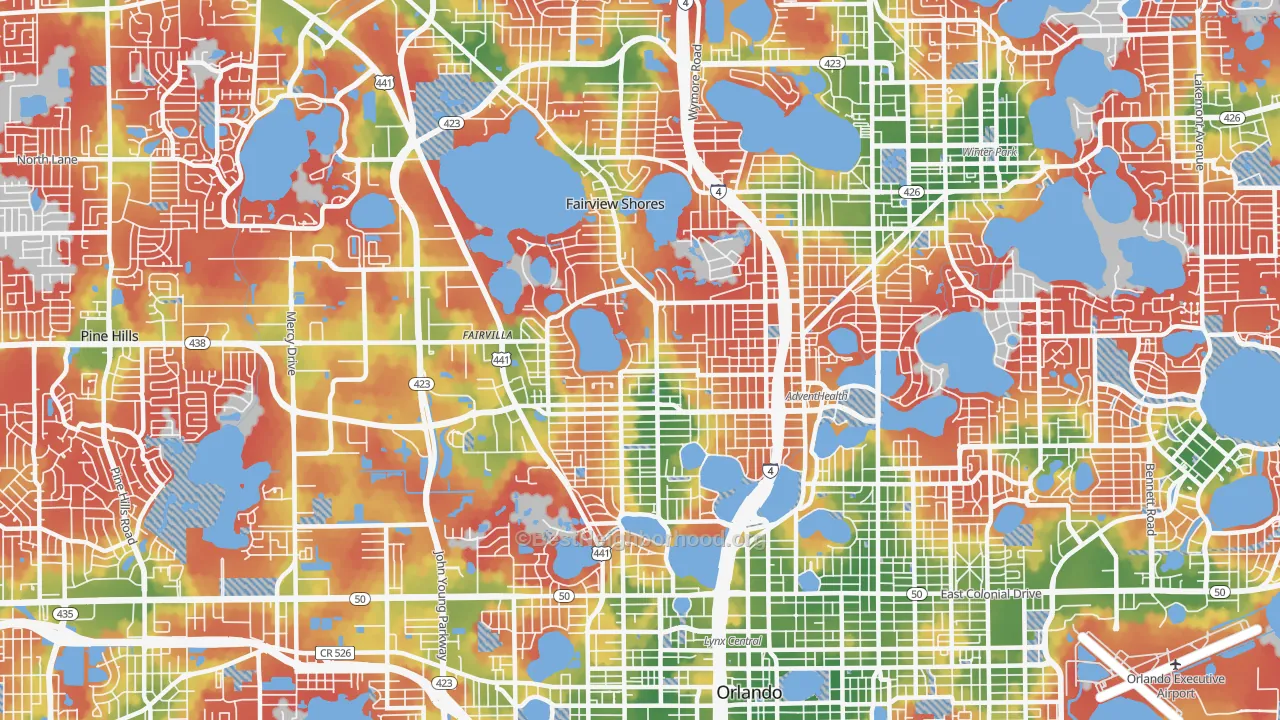 Walk Grade map of 32804, FL, walkable areas in green and car-dependent areas in red