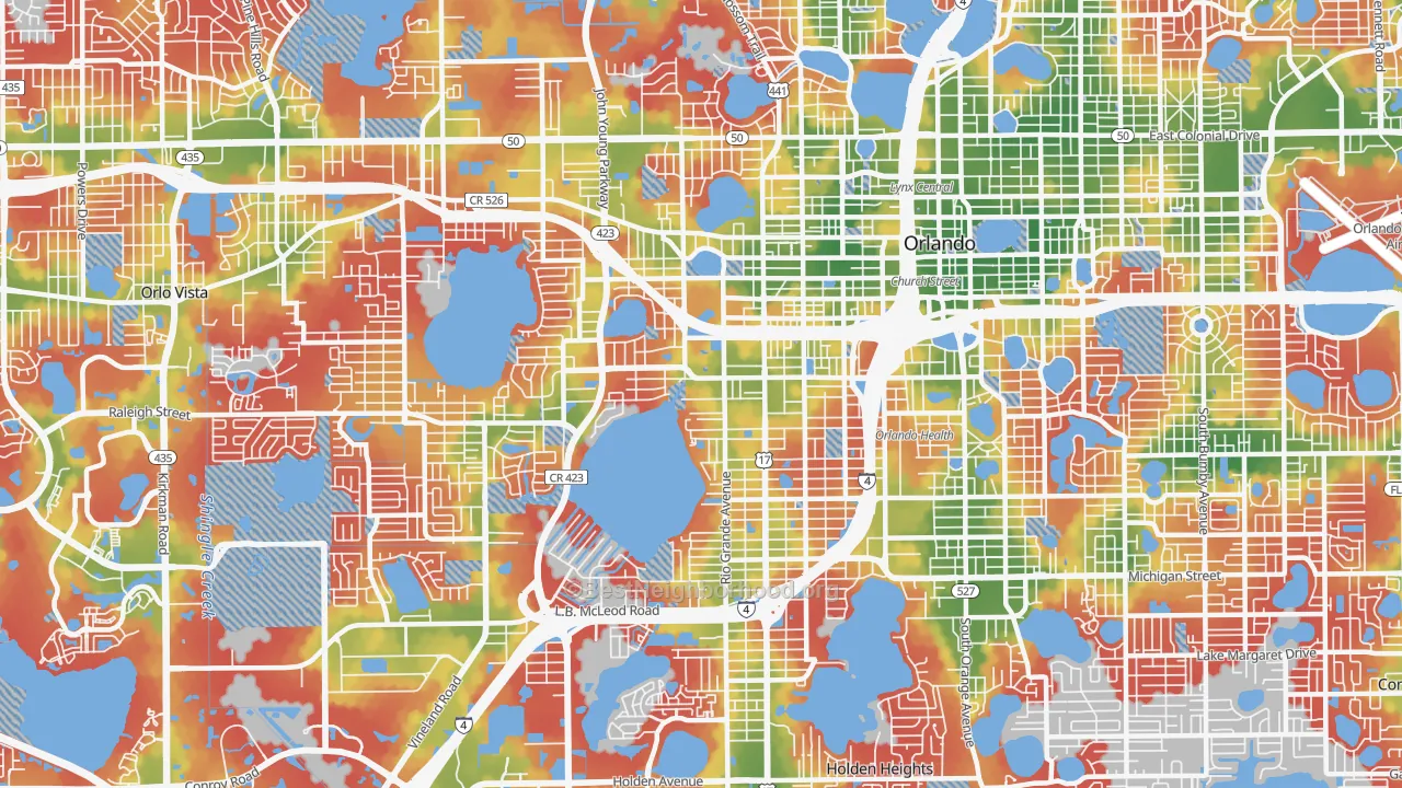 Walk Grade map of 32805, FL, walkable areas in green and car-dependent areas in red