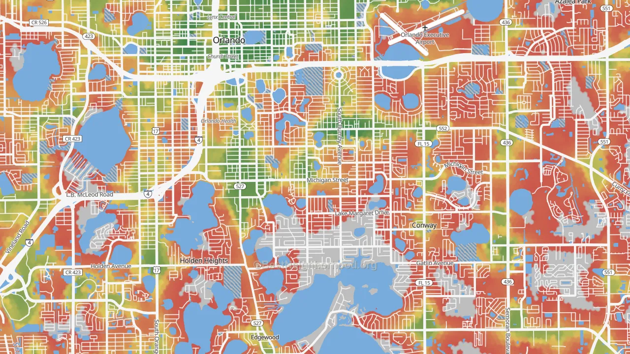 Walk Grade map of 32806, FL, walkable areas in green and car-dependent areas in red