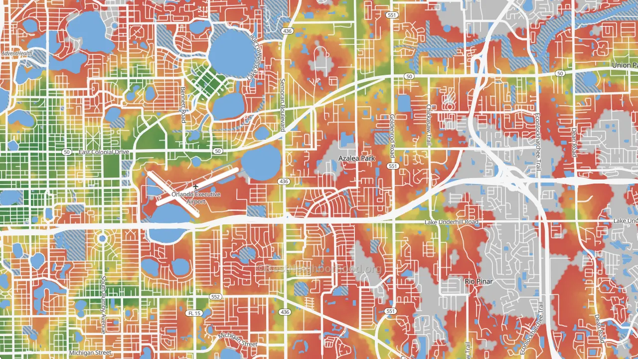 Walk Grade map of 32807, FL, walkable areas in green and car-dependent areas in red
