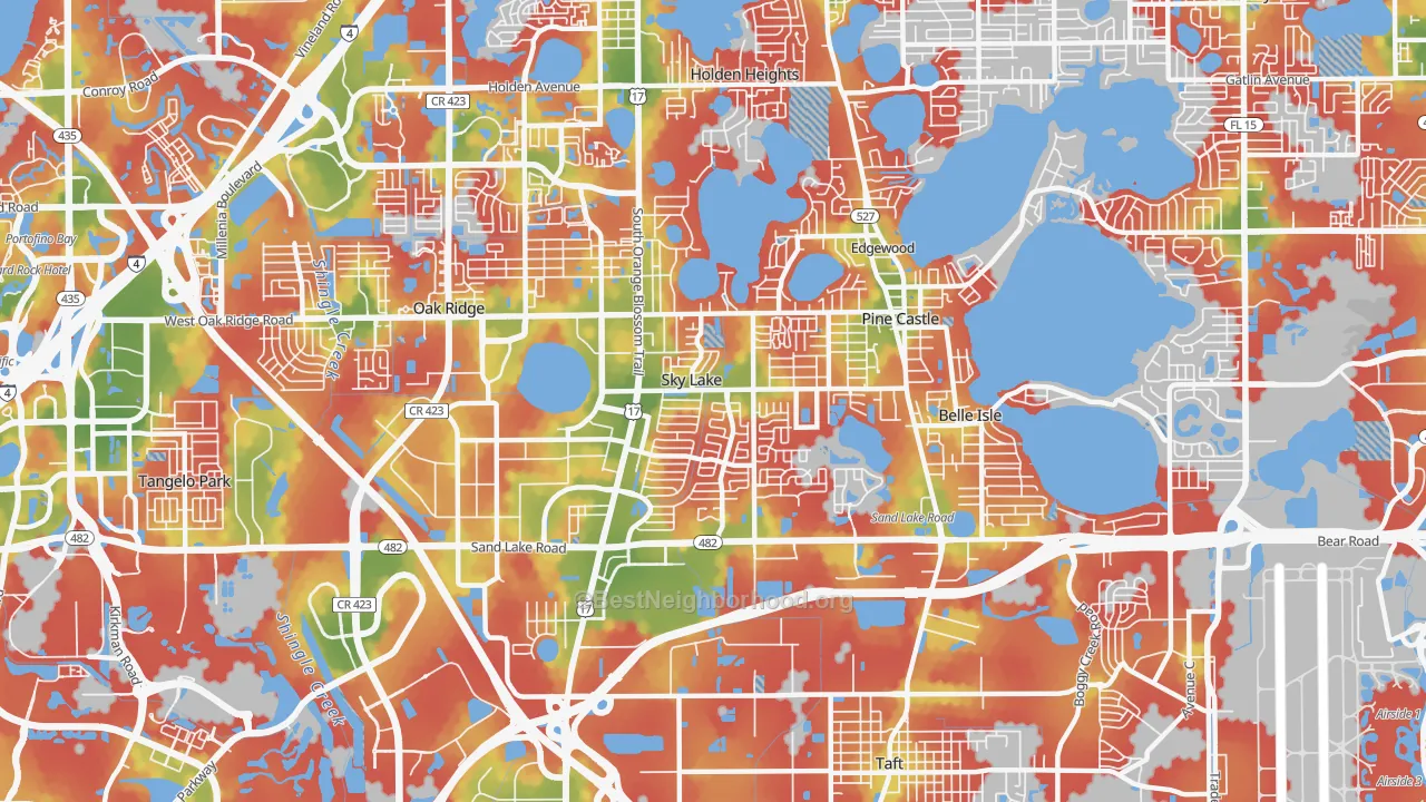 Walk Grade map of 32809, FL, walkable areas in green and car-dependent areas in red