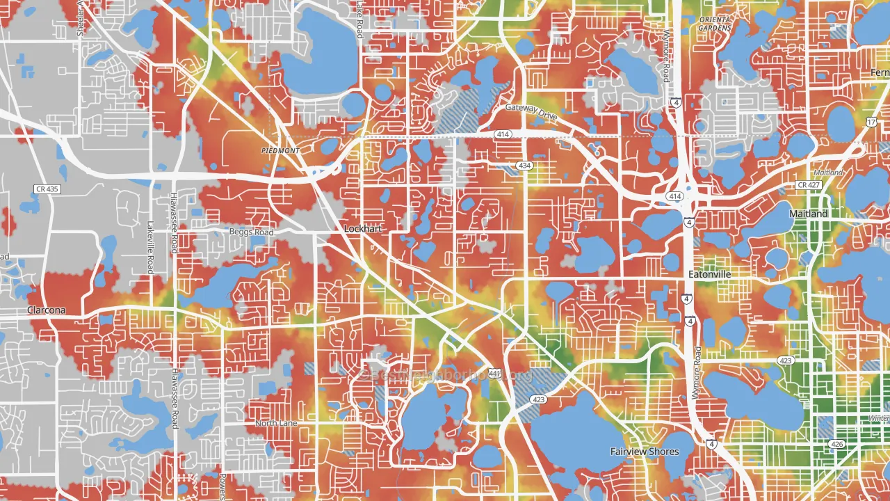 Walk Grade map of 32810, FL, walkable areas in green and car-dependent areas in red
