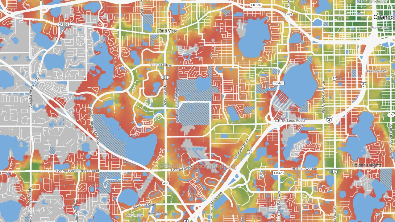 Walk Grade map of 32811, FL, walkable areas in green and car-dependent areas in red