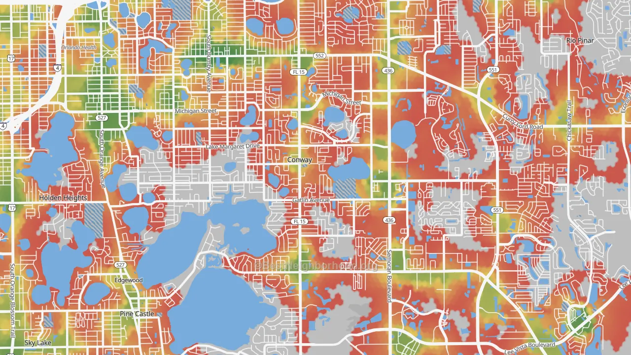 Walk Grade map of 32812, FL, walkable areas in green and car-dependent areas in red
