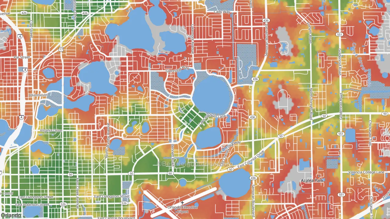Walk Grade map of 32814, FL, walkable areas in green and car-dependent areas in red