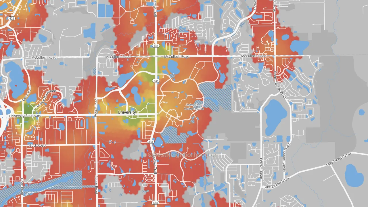 Walk Grade map of 32816, FL, walkable areas in green and car-dependent areas in red
