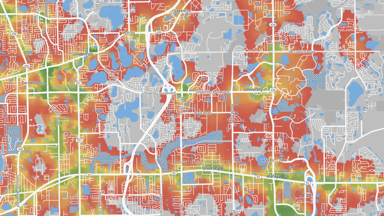 Walk Grade map of 32817, FL, walkable areas in green and car-dependent areas in red