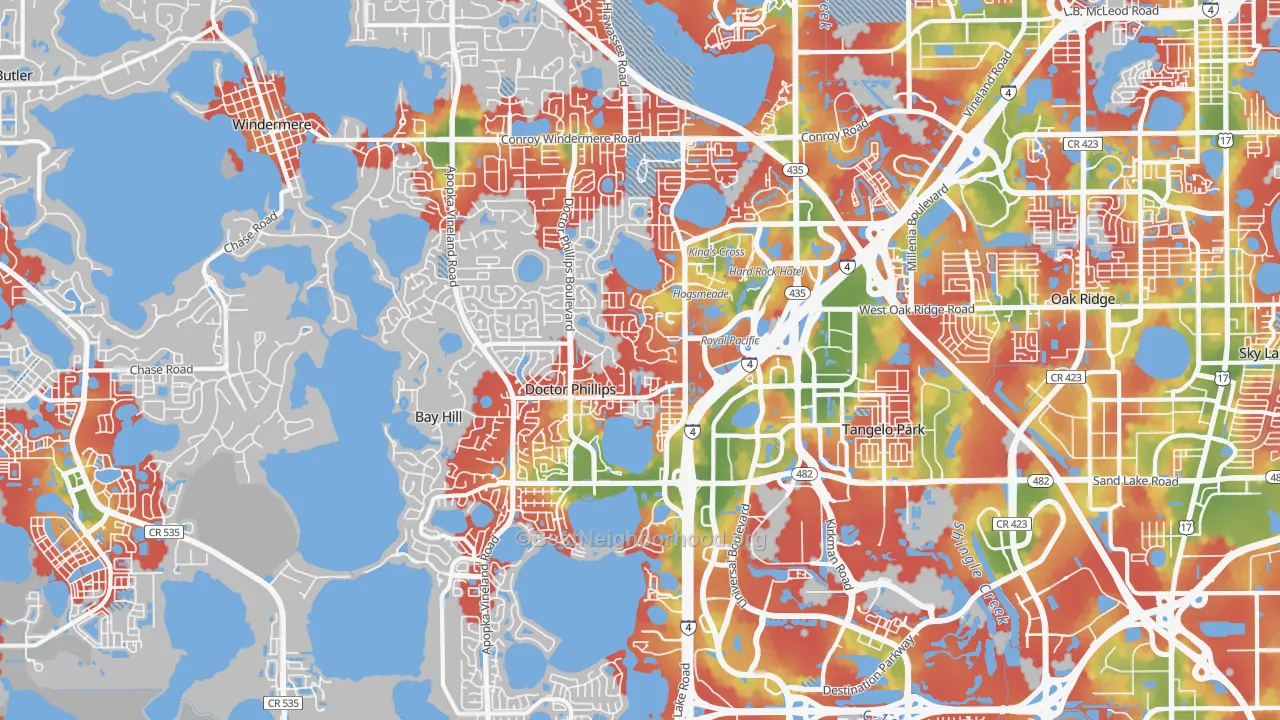 Walk Grade map of 32819, FL, walkable areas in green and car-dependent areas in red