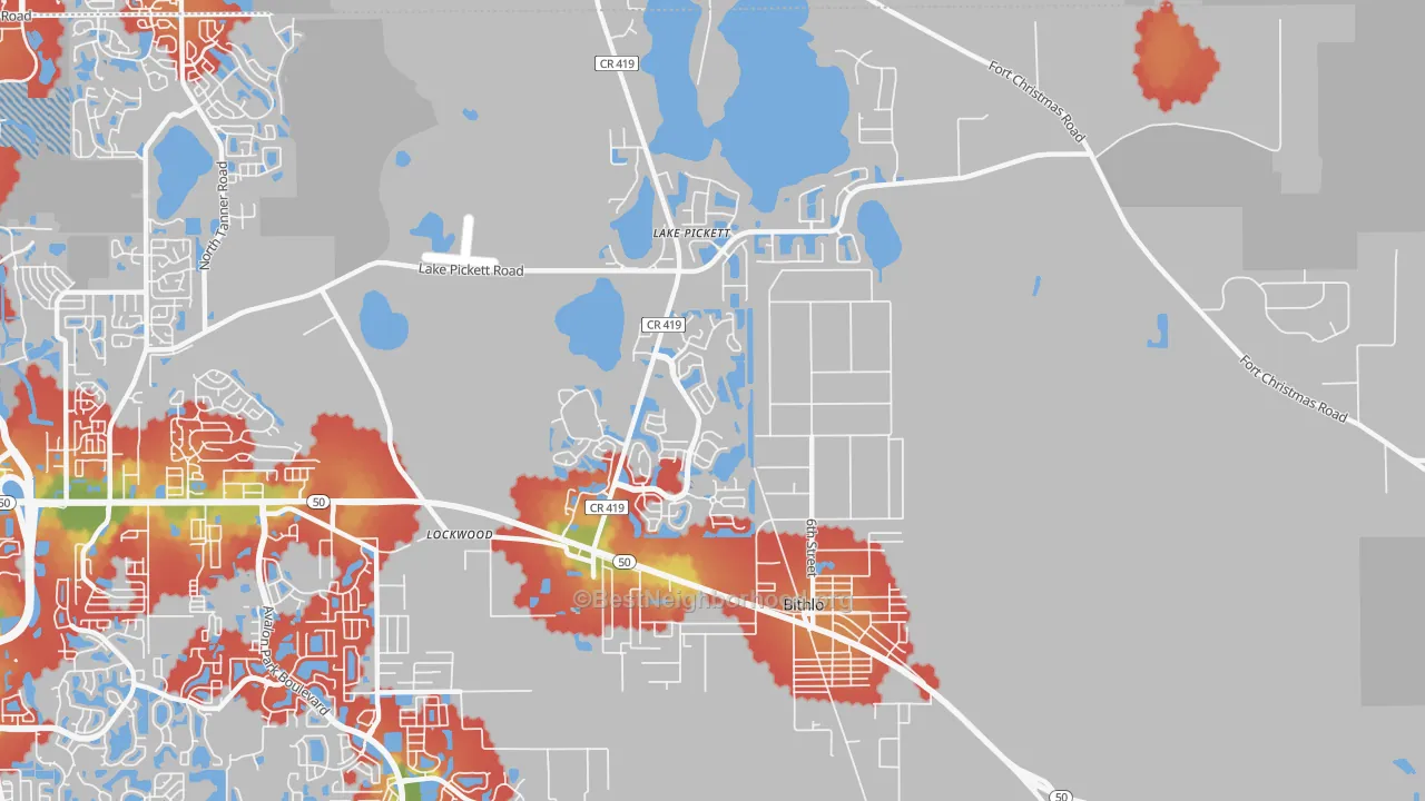 Walk Grade map of 32820, FL, walkable areas in green and car-dependent areas in red