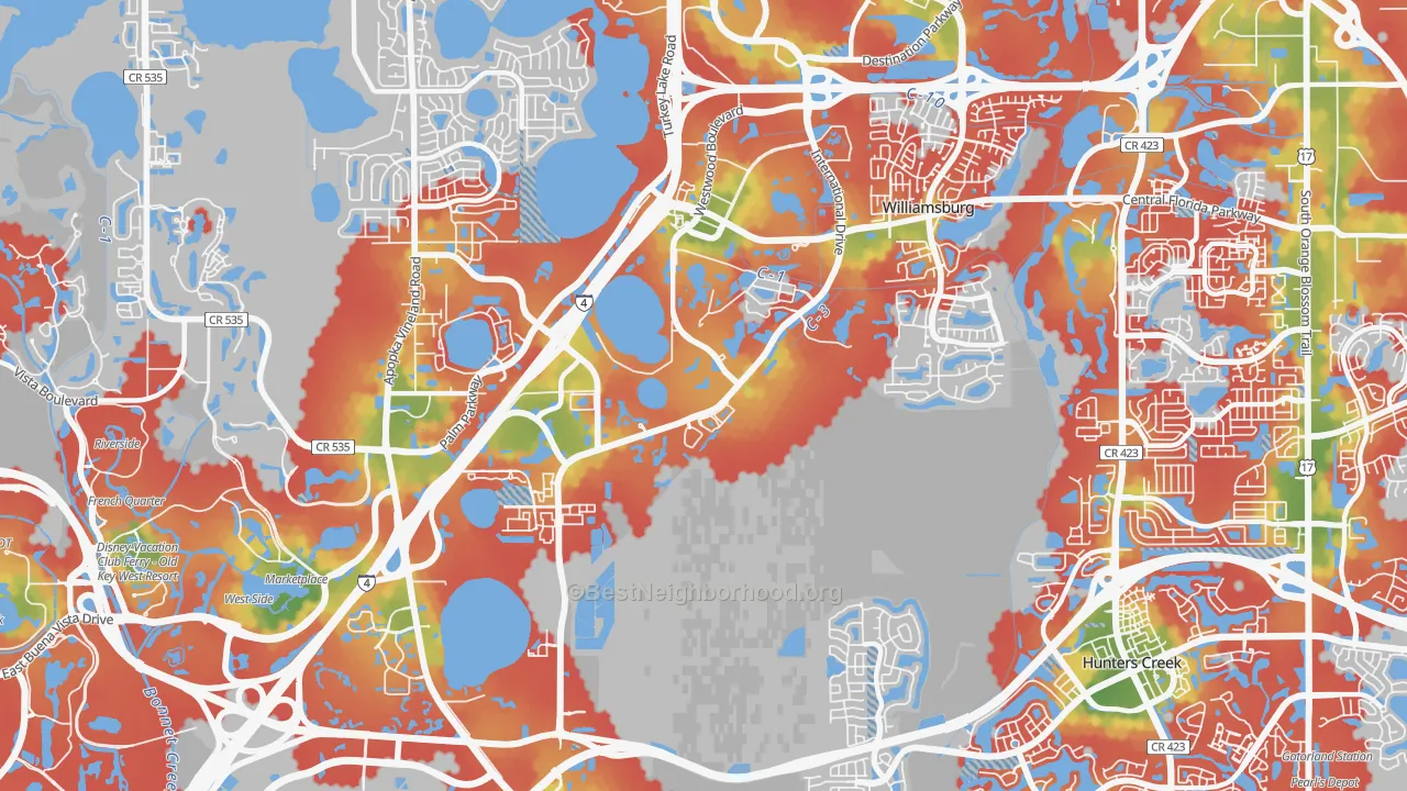 Walk Grade map of 32821, FL, walkable areas in green and car-dependent areas in red