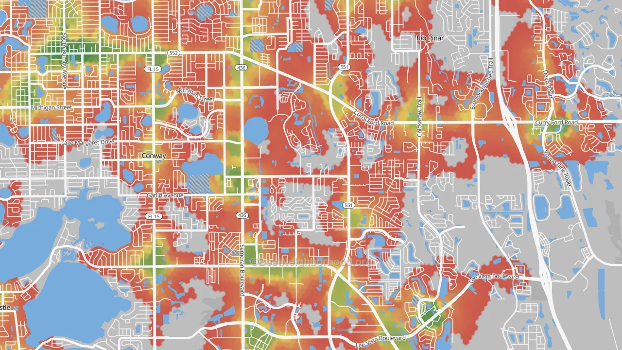 Walk Grade map of 32822, FL, walkable areas in green and car-dependent areas in red