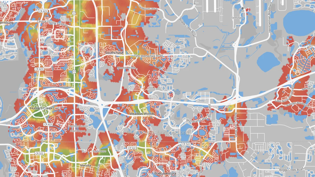 Walk Grade map of 32824, FL, walkable areas in green and car-dependent areas in red