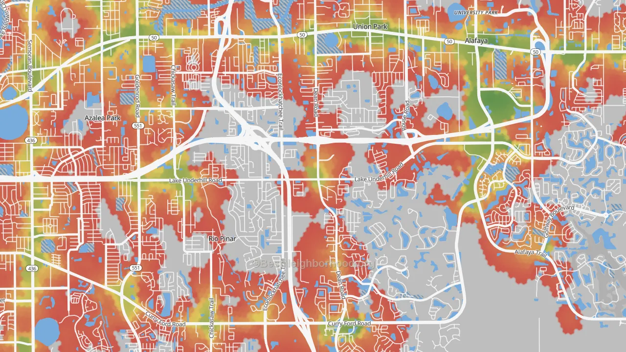 Walk Grade map of 32825, FL, walkable areas in green and car-dependent areas in red