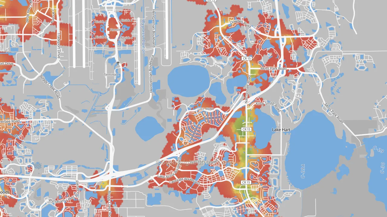 Walk Grade map of 32827, FL, walkable areas in green and car-dependent areas in red