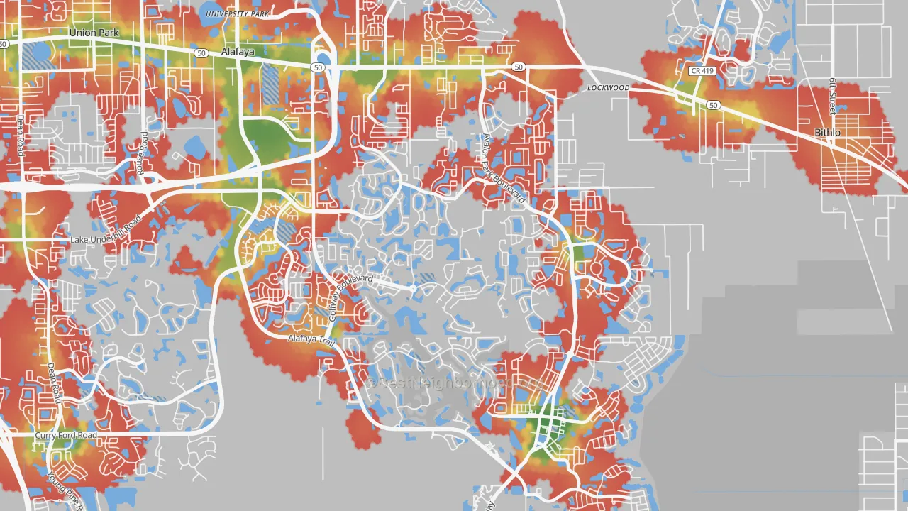 Walk Grade map of 32828, FL, walkable areas in green and car-dependent areas in red