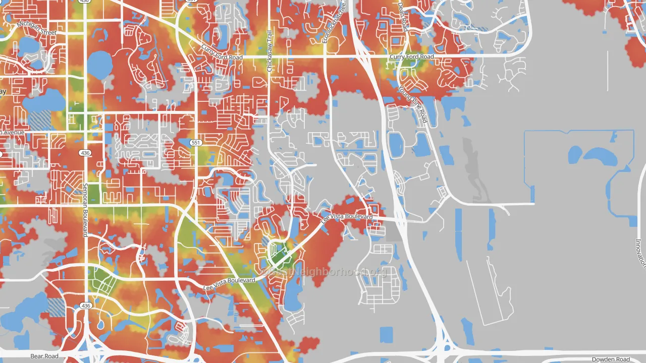 Walk Grade map of 32829, FL, walkable areas in green and car-dependent areas in red