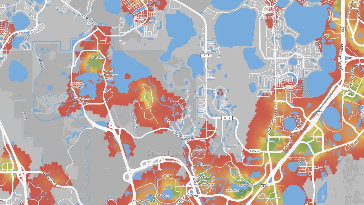Walk Grade map of 32830, FL, walkable areas in green and car-dependent areas in red