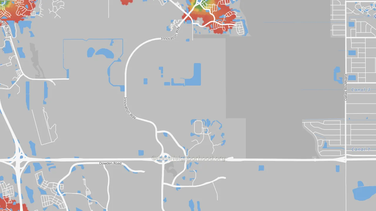 Walk Grade map of 32831, FL, walkable areas in green and car-dependent areas in red