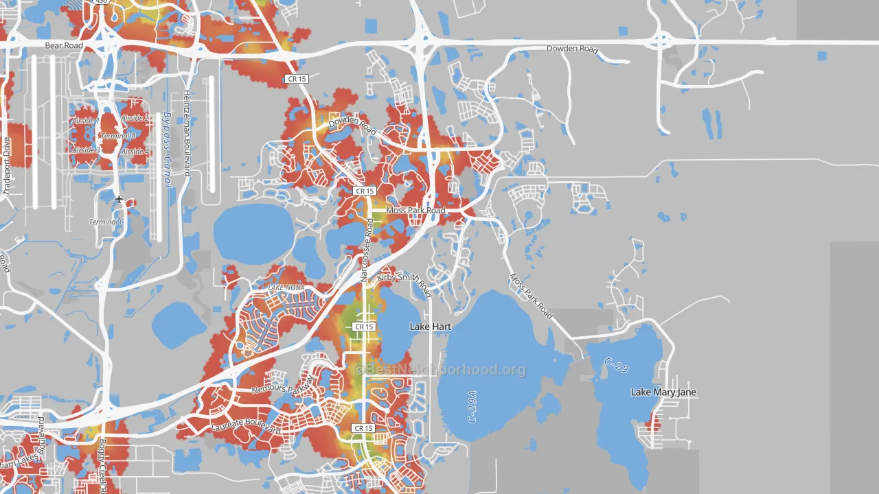 Walk Grade map of 32832, FL, walkable areas in green and car-dependent areas in red