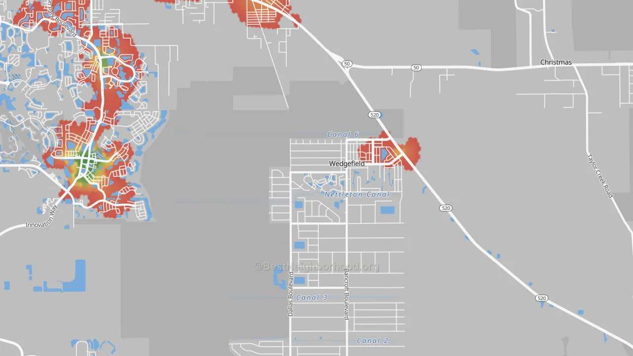 Walk Grade map of 32833, FL, walkable areas in green and car-dependent areas in red