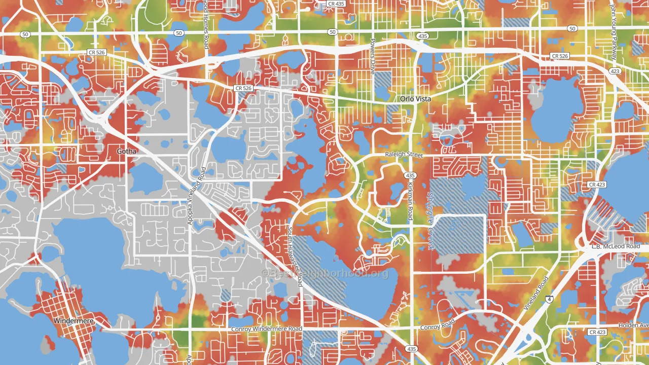 Walk Grade map of 32835, FL, walkable areas in green and car-dependent areas in red