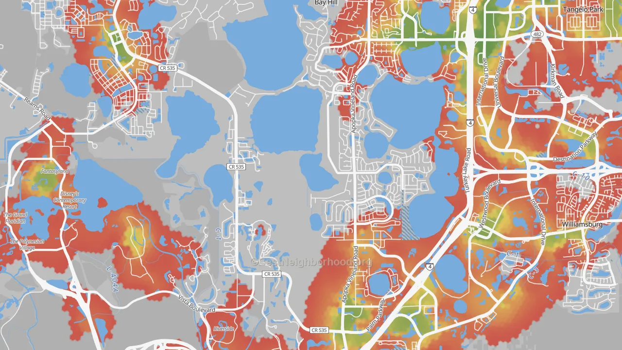 Walk Grade map of 32836, FL, walkable areas in green and car-dependent areas in red