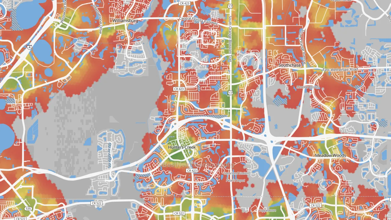 Walk Grade map of 32837, FL, walkable areas in green and car-dependent areas in red