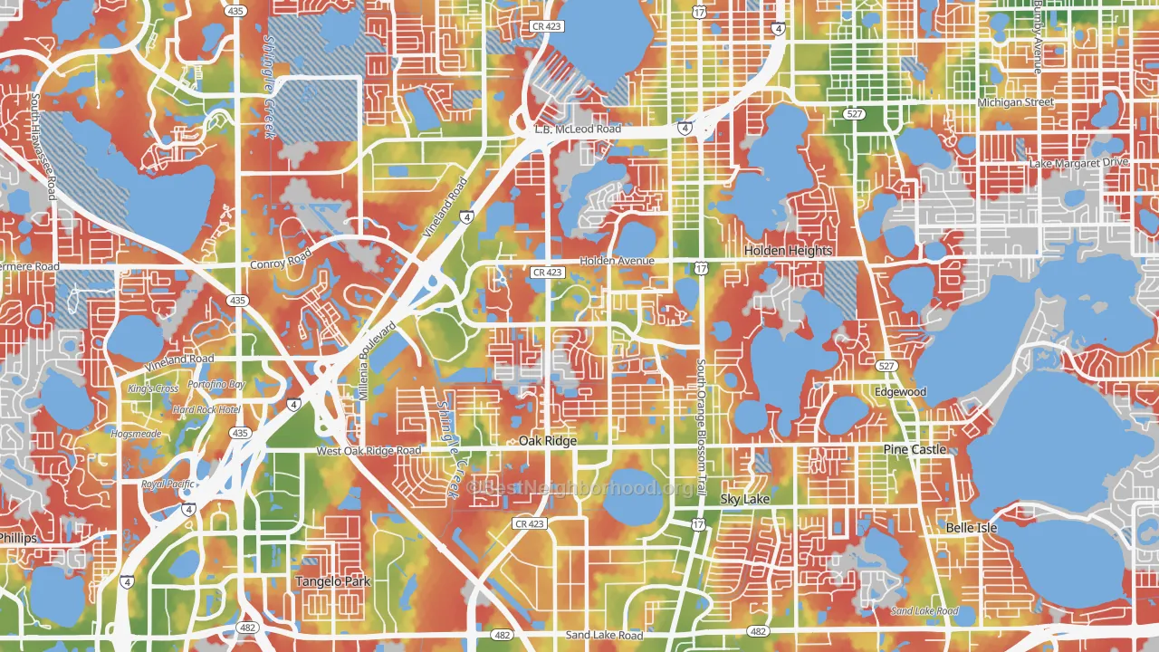 Walk Grade map of 32839, FL, walkable areas in green and car-dependent areas in red