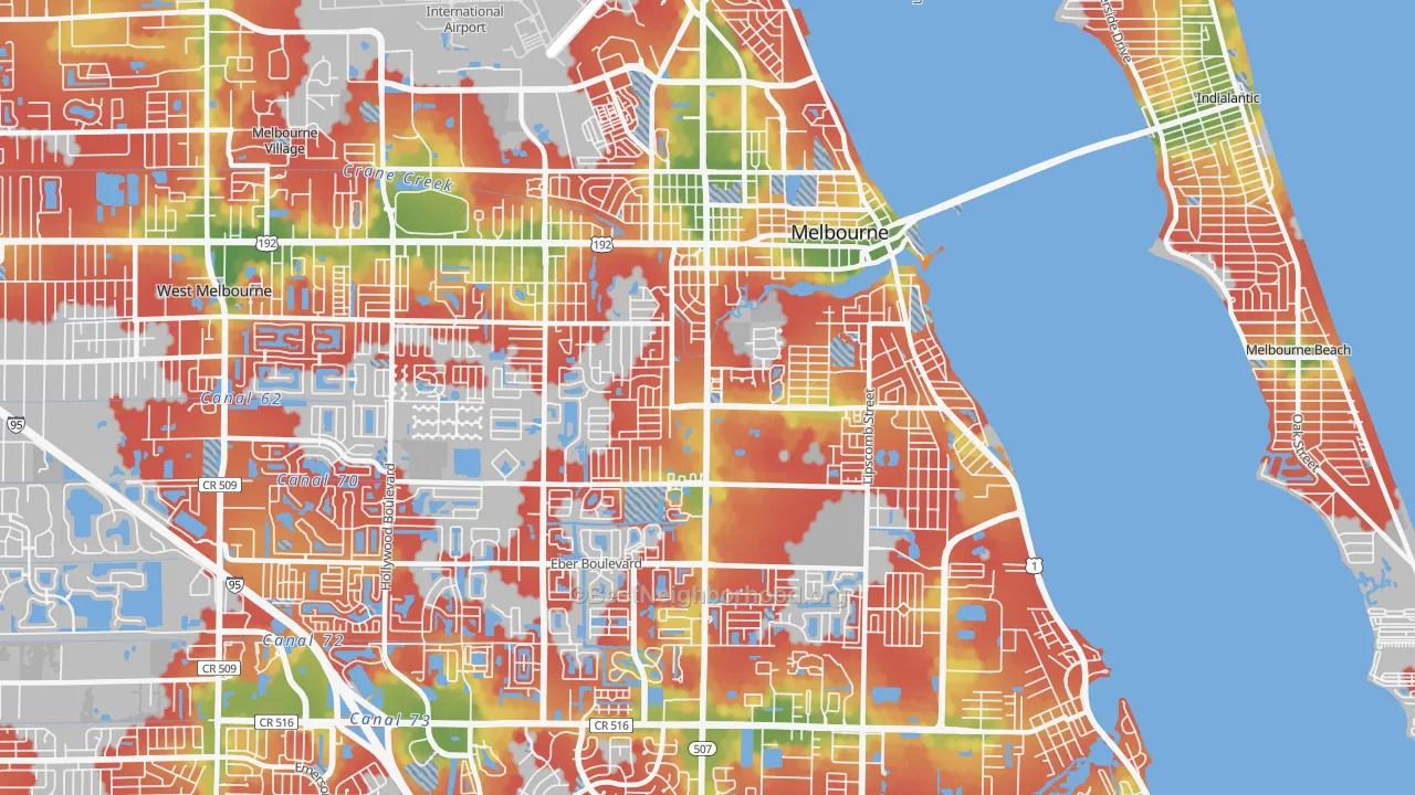 Walk Grade map of 32901, FL, walkable areas in green and car-dependent areas in red