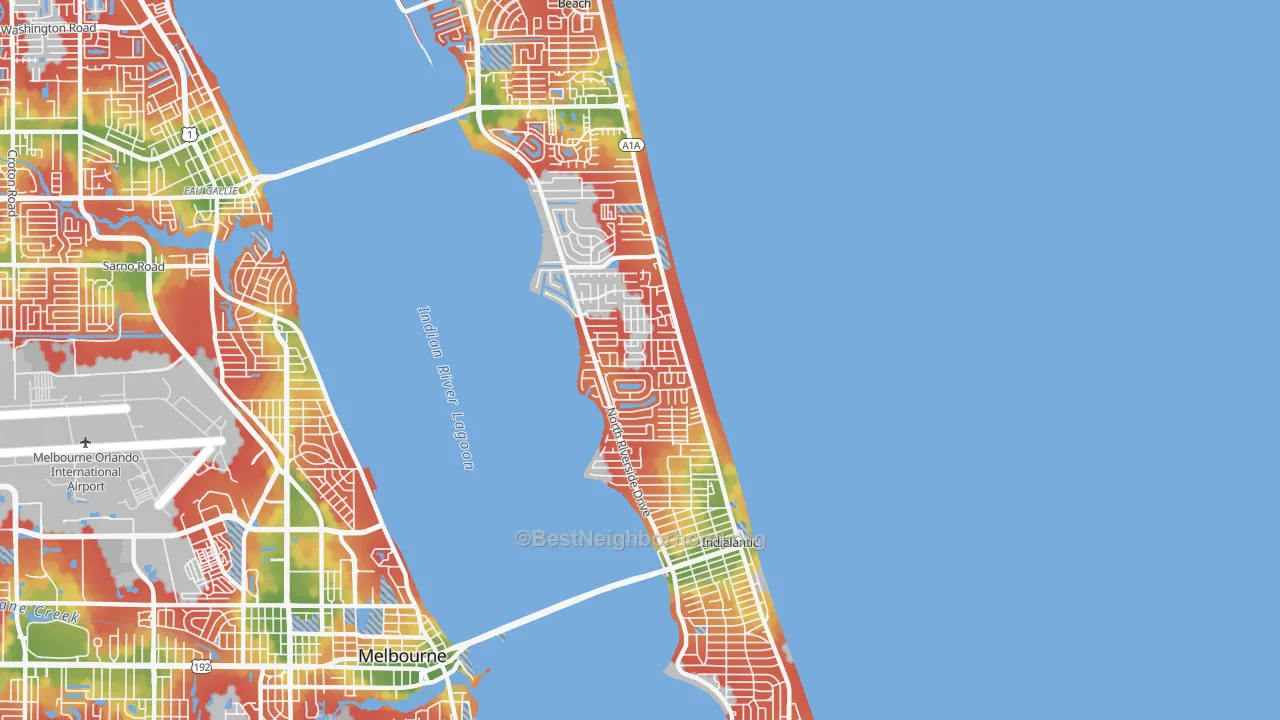 Walk Grade map of 32903, FL, walkable areas in green and car-dependent areas in red