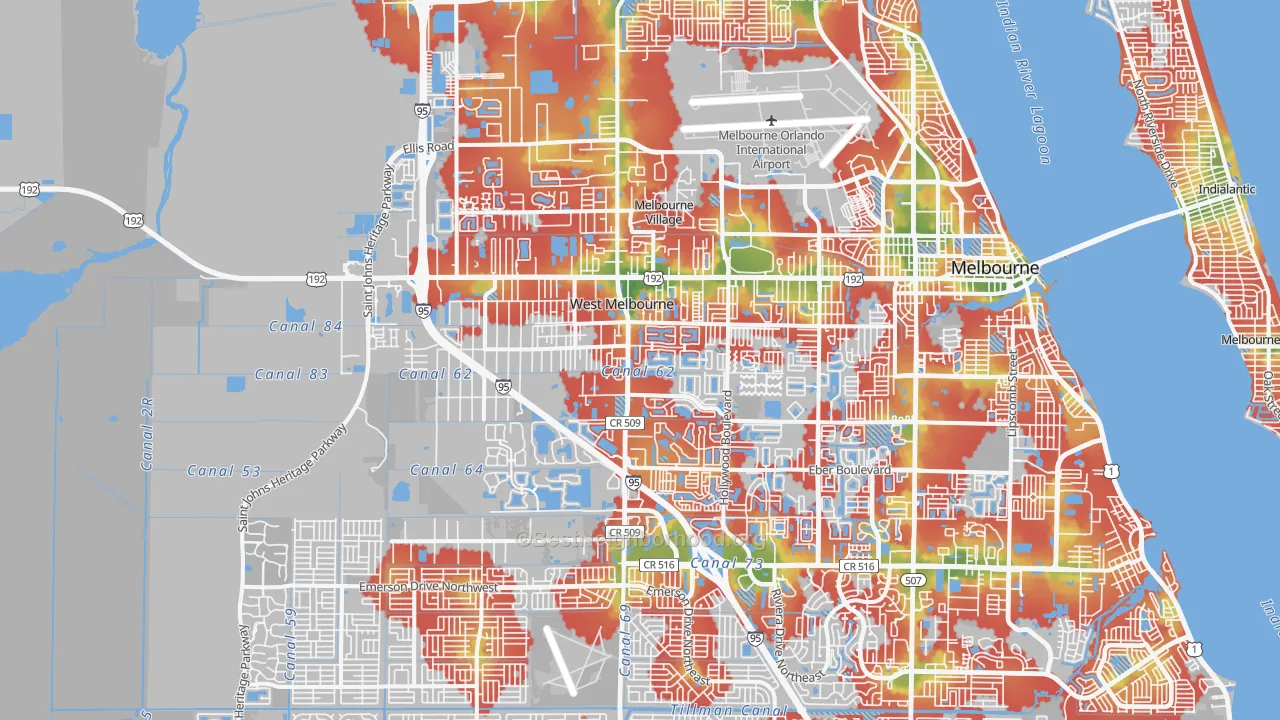 Walk Grade map of 32904, FL, walkable areas in green and car-dependent areas in red