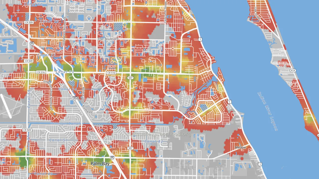 Walk Grade map of 32905, FL, walkable areas in green and car-dependent areas in red
