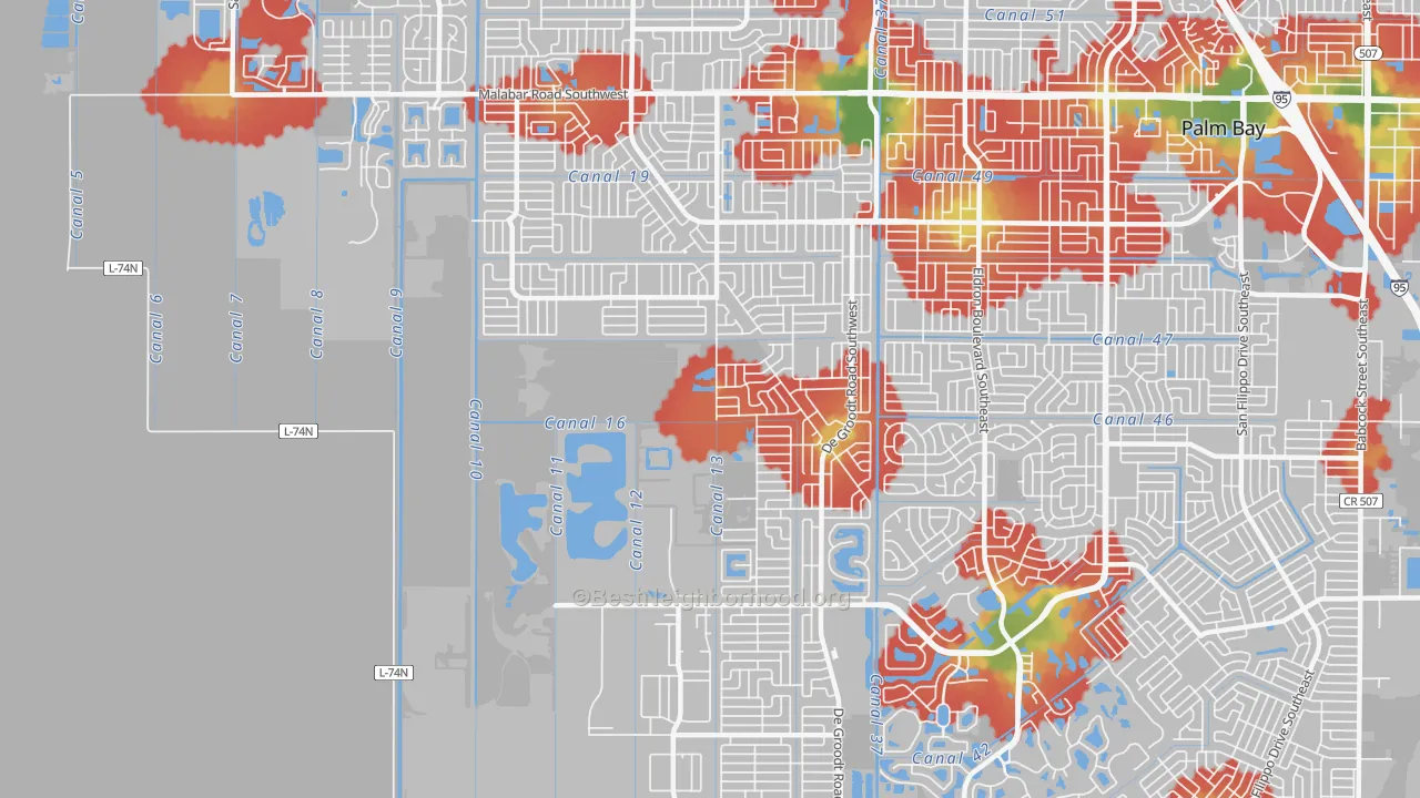 Walk Grade map of 32908, FL, walkable areas in green and car-dependent areas in red