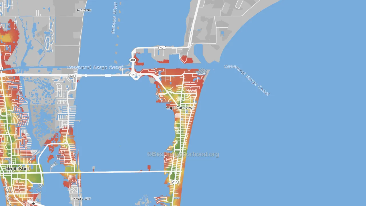 Walk Grade map of 32920, FL, walkable areas in green and car-dependent areas in red